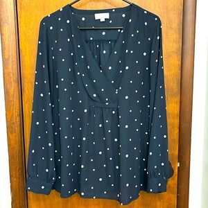 LOFT V-Neck Blouse, Polka Dot, Navy Blue, Size L